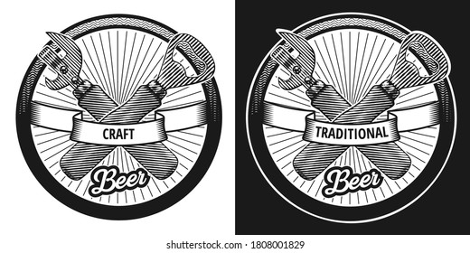 vintage monochrome illustration with beer bottle openers, label design, logo in an etched style.