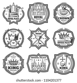 Vintage monochrome imperial labels set with king throne trumpet royal regards sword lance palace isolated vector illustration