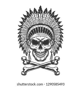 Vintage monochrome indian chief skull with feathers headwear and crossbones isolated vector illustration