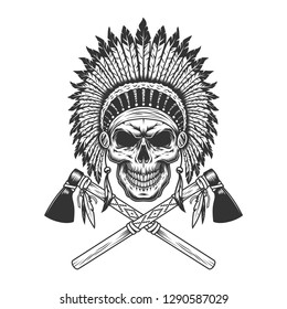 Vintage monochrome indian chief skull with feathers headwear and crossed tomahawks isolated vector illustration