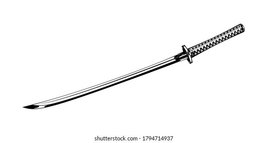 Vintage monochrome japanese sword illustration. Isolated vector template