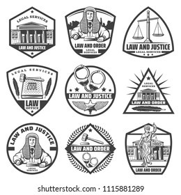 Vintage monochrome judicial system labels set with courthouse handcuffs scales gavel law book Themis statue feather judge isolated vector illustration 