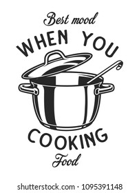 Vintage monochrome kitchen utensil label with ladle in pan and inscriptions isolated vector illustration