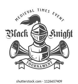 Vintage monochrome knight logo with armored medieval warrior and trumpets isolated vector illustration