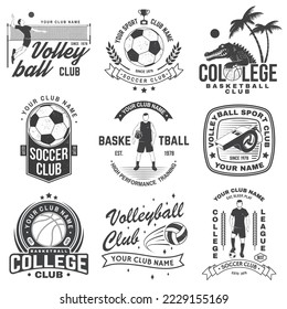 Vintage monochrome label, sticker, patch with basketball, volleyball, soccer players silhouettes. Vector illustration.