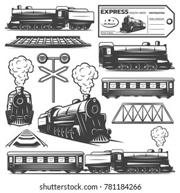 Vintage monochrome locomotive elements collection with train wagons railroad ticket traffic light isolated vector illustration