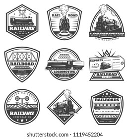 Vintage monochrome locomotive labels set with inscriptions train railway ticket wagons and traffic light isolated vector illustration
