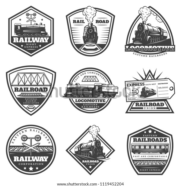 Vintage Monochrome Locomotive Labels Set Inscriptions Stock Vector ...