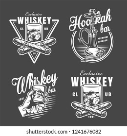 Vintage monochrome lounge bar prints collection with inscriptions glass of whisky crossed cuban cigars and hookah isolated vector illustration
