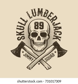 Vintage monochrome Lumberjack logo, tattoo with  skull and crossed axes. Worn texture on  separate layer and can be easily disabled.