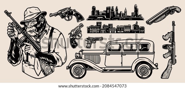 Vintage monochrome mafia\
concept with angry gorilla gangster smoking cigar and holding tommy\
gun retro car city landscapes and weapons isolated vector\
illustration