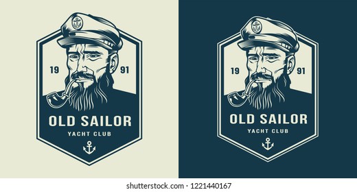 VIntage monochrome marine label with seaman in sailor hat smoking pipe isolated vector illustration