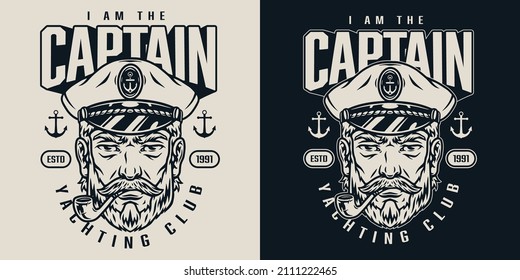 VIntage monochrome marine label with seaman in sailor captain hat smoking pipe isolated vector illustration