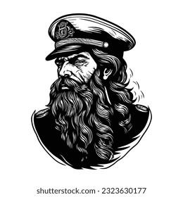 Vintage monochrome marine label with seaman in sailor captain. Bearded ship captain peaked cap for marine nautical logo design for sailor