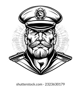 Vintage monochrome marine label with seaman in sailor captain. Bearded ship captain peaked cap for marine nautical logo design for sailor