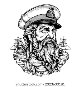 Vintage monochrome marine label with seaman in sailor captain. Bearded ship captain peaked cap for marine nautical logo design for sailor