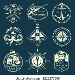 Vintage monochrome marine labels with sea creatures poseidon tridents ship wheel anchor navigational compass sailor lighthouse isolated vector illustration