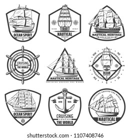 Vintage monochrome marine labels set with ships vessels boats steering wheel anchor navigational compass isolated vector illustration