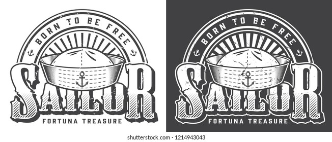 Vintage monochrome marine logotype with sailor hat and letterings isolated vector illustration