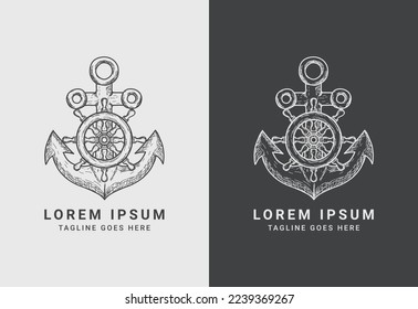 Vintage monochrome maritime logo design with ship wheel vector illustration