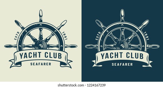 Vintage monochrome maritime logo with ship wheel and inscription on ribbon isolated vector illustration