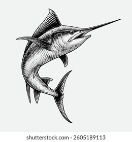 Vintage monochrome marlin fish jamping.