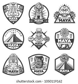 Vintage monochrome maya labels set with tribal masks ceremonial idols calendar pyramid coins vase map isolated vector illustration