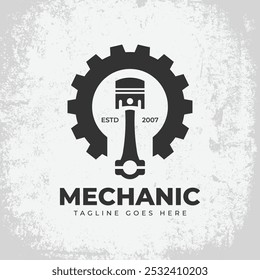 Modelo de logotipo mecânico monocromático vintage, emblema, rótulo, crachá, logotipo. Mecânica de loja de pneus de autopeças da estação de serviço em serviço. Ilustração vetorial