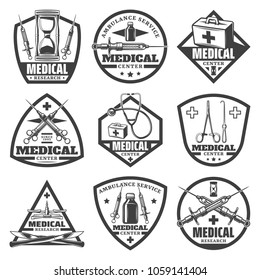 Vintage monochrome medical labels set with hourglass doctor bag syringe stethoscope bottle scales surgical tools isolated vector illustration