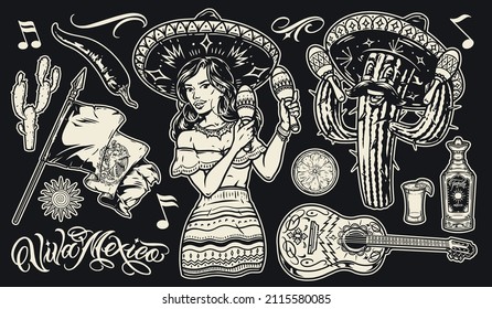 Vintage monochrome mexican elements set with woman and cactus in sombreros shaking maracas, national flag, sun, guitar, chili pepper and swirl parts, isolated vector illustration