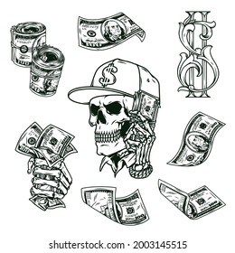 Vintage monochrome money elements composition with dollar banknotes and symbol skeleton hand holding american cash bills skull in baseball cap isolated vector illustration
