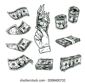 Vintage monochrome money elements concept with male hand holding burning american cash banknote falling dollar bills stacks and rolls of one hundred US dollar notes isolated vector illustration