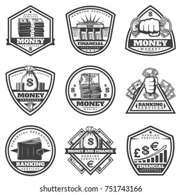 Vintage monochrome money labels set with inscriptions cash bank banknotes wallet coins graph isolated vector illustration