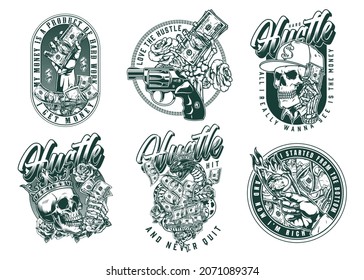 Vintage monochrome money logos with letterings roses skeleton and male hands with one hundred US dollar bills gun skull and snake in crown and rich skull in baseball cap isolated vector illustration