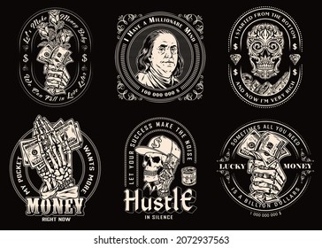 Vintage monochrome money prints with skeleton hands holding dollar notes skull in cap and skull consists of traceries on dollar banknote Benjamin Franklin portrait isolated vector illustration