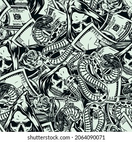 Vintage monochrome money seamless pattern with grim reaper heads in hood roses snakes falling one hundred US dollar bills vector illustration