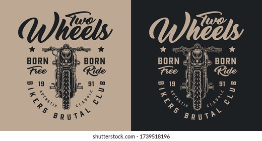 Vintage monochrome motoracers club badge with inscriptions and custom motorcycle isolated vector illustration