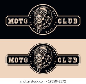 Vintage monochrome motorcycle club badge with ferocious gorilla head in biker helmet and goggles isolated vector illustration