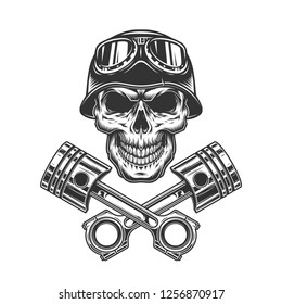 Vintage monochrome motorcycle driver skull in helmet goggles and crossed engine pistons isolated vector illustration