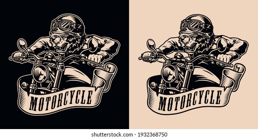 Vintage monochrome motorcycle emblem with ferocious bear biker riding motorbike on light and dark backgrounds isolated vector illustration