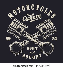 Vintage monochrome motorcycle label with inscriptions and crossed engine pistons on dark background isolated vector illustration
