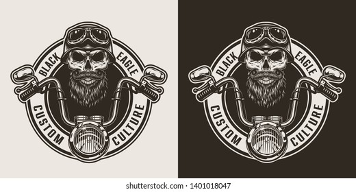 Vintage Monochrome Motorcycle Label With Moto Steering Wheel Bearded And Mustached Skull In Biker Helmet And Goggles Isolated Vector Illustration