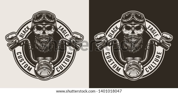 Vintage monochrome motorcycle label with\
moto steering wheel bearded and mustached skull in biker helmet and\
goggles isolated vector\
illustration