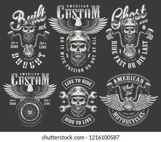 Vintage monochrome motorcycle labels set with bearded and mustached biker skull in helmet holding steering wheel crossed wrenches tire eagle isolated vector illustration