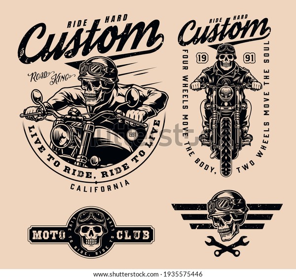 Vintage monochrome motorcycle labels\
with skeleton bikers riding motorbikes crossed wrenches and skulls\
in moto helmets and goggles isolated vector\
illustration