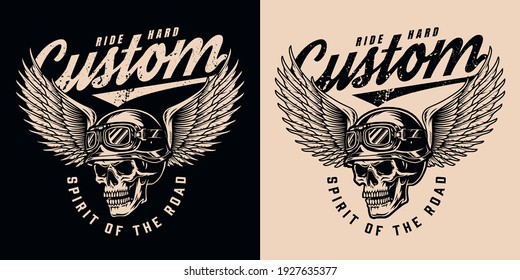 Vintage monochrome motorcycle logo with inscriptions and skull in biker helmet and goggles with eagle wings isolated vector illustration