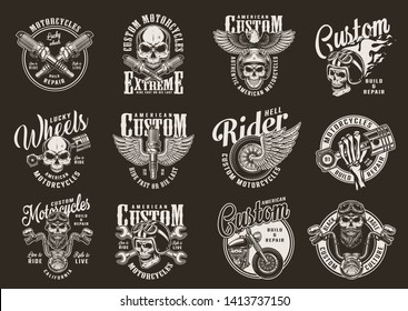 Vintage monochrome motorcycle prints with motorbike parts chopper biker and motorcyclist skulls eagle fiery moto helmet and winged wheel isolated vector illustration