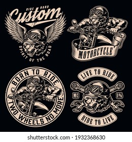 Vintage monochrome motorcycle prints set with inscriptions aggressive bear bikers riding motorbikes crossed wrenches angry grizzly head in goggles and winged moto helmet isolated vector illustration