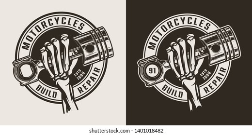 Vintage monochrome motorcycle workshop round logo with skeleton hand holding engine piston isolated vector illustration