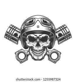 Vintage monochrome motorcyclist skull wearing moto helmet goggles and crossed engine pistons isolated vector illustration